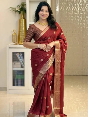 NEW ARRIVAL BANARASI SILK WEAVING & GOLDEN ZARI WORK SAREE WITH UNSTITCHED BLOUSE MAROON