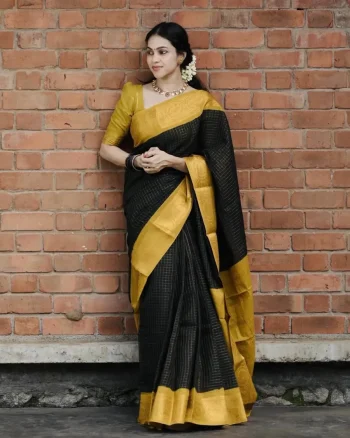 NEW ARRIVAL BANARASI SILK WEAVING WORK SAREE WITH UNSTITCHED BLOUSE BLACK AND YELLOW