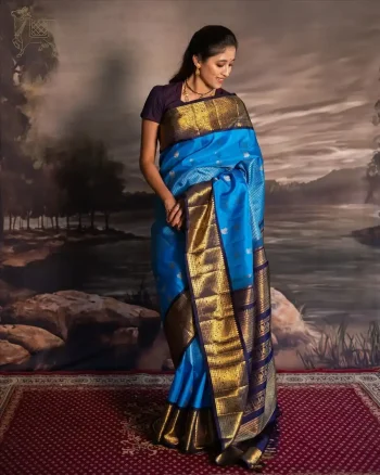 NEW ARRIVAL BANARASI SILK WEAVING WORK SAREE WITH UNSTITCHED BLOUSE BLUE