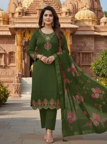 NEW ARRIVAL CHANDERI EMBROIDERY WORK TOP BOTTOM WITH DUPATTA GREEN