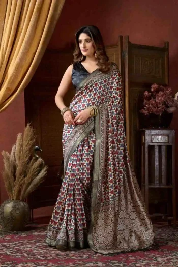 NEW ARRIVAL CLUSTER DIGITAL WITH JACQUARD BORDER & JHALLAR WORK SAREE WITH UNSTITCHED BLOUSE RED