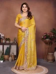 NEW ARRIVAL FENDY CHIFFON SILK EMBROIDERY CUTWORK WORK LACE BORDER WORK SAREE WITH UNSTITCHED BLOUSE YELLOW