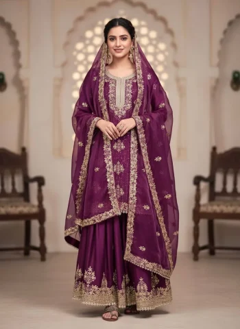 NEW ARRIVAL GMY SILK EMBROIDERY SEQUENCE WORK WITH JARKHAN DIAMOND WORK TOP PALAZZO WITH DUPATTA WINE