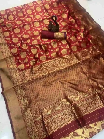 NEW ARRIVAL LICHI SILK BANARASI WEAVING WORK SAREE WITH UNSTITCHED BLOUSE MAROON