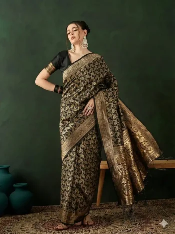 NEW ARRIVAL LICHI SILK RICH PALLU & JACQUARD WORK SAREE WITH UNSTITCHED BLOUSE BLACK