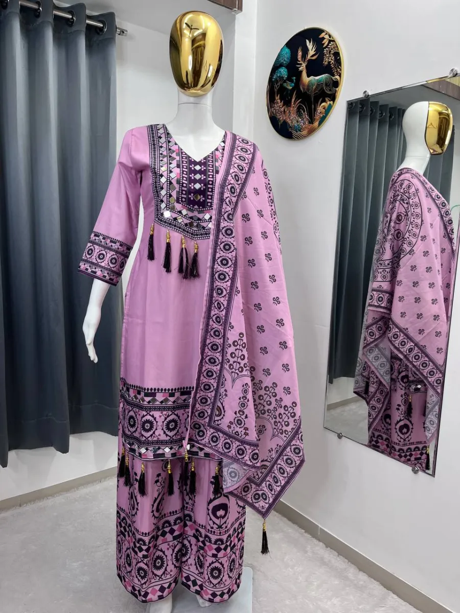 NEW ARRIVAL MUSLIN DIGITAL PRINT WITH LATKAN AND REAL MIRROR WORK TOP PALAZZO WITH DUPATTA FESTIVE WEAR WHOLESALE PRICE ETHNIC GARMENT (10)
