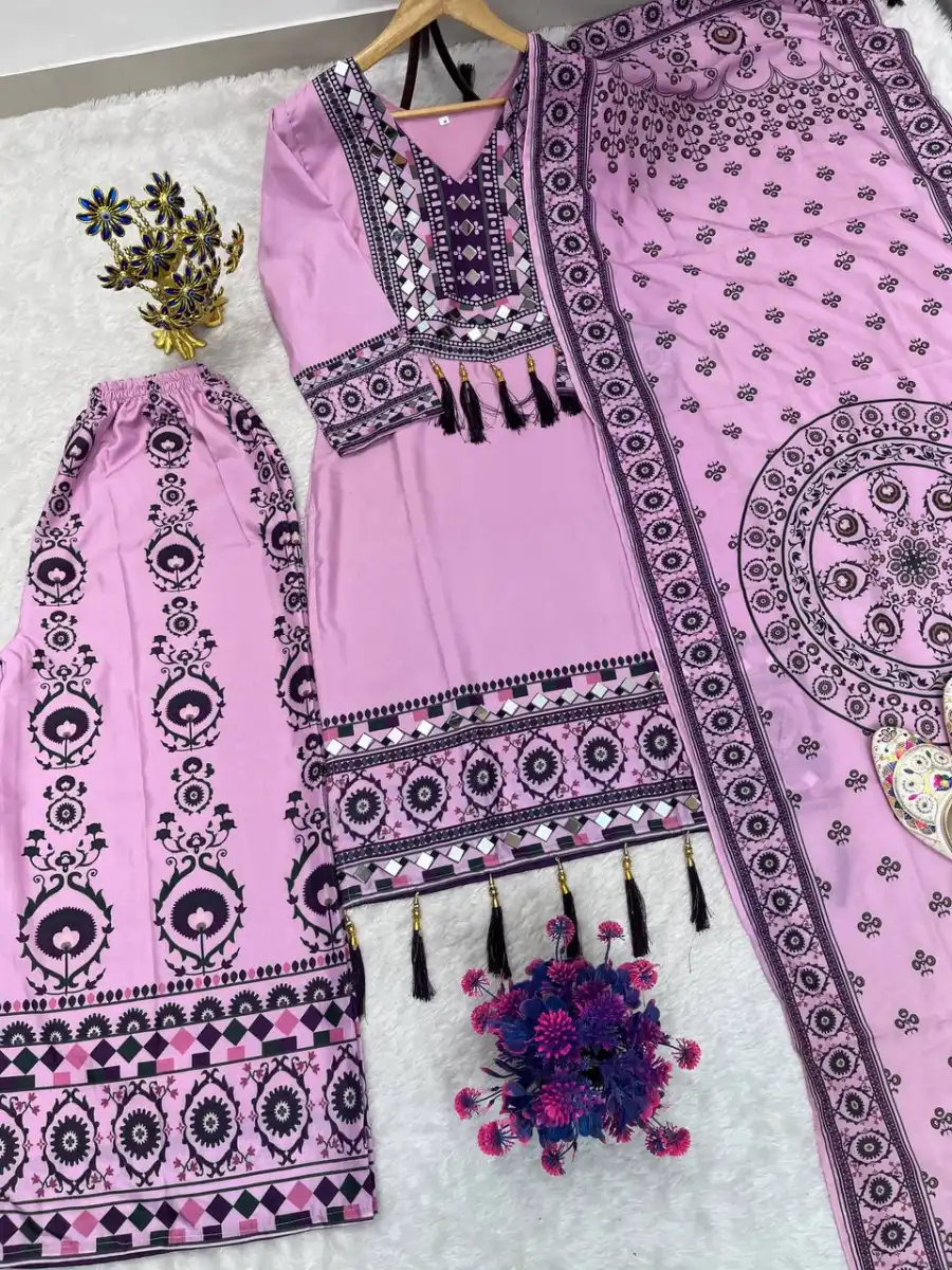 NEW ARRIVAL MUSLIN DIGITAL PRINT WITH LATKAN AND REAL MIRROR WORK TOP PALAZZO WITH DUPATTA FESTIVE WEAR WHOLESALE PRICE ETHNIC GARMENT (11)