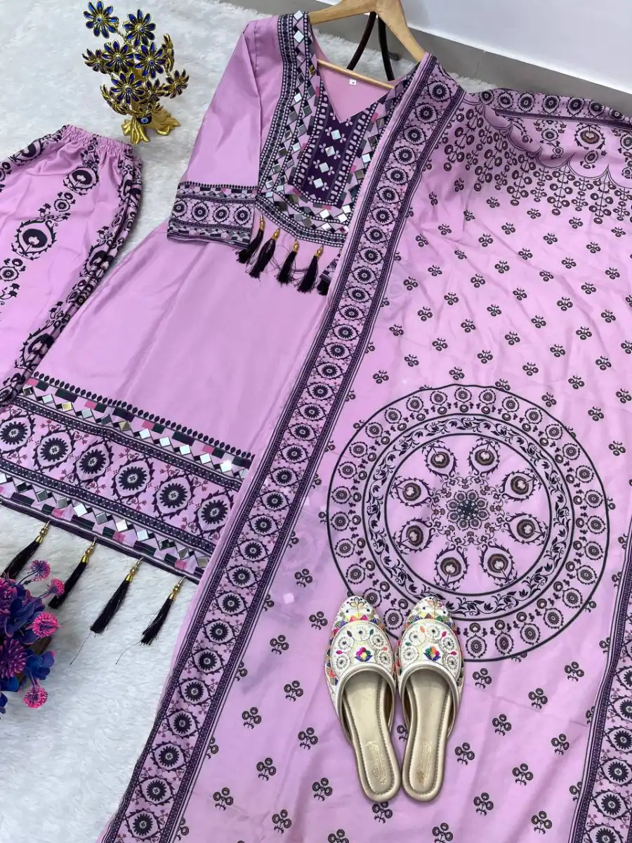 NEW ARRIVAL MUSLIN DIGITAL PRINT WITH LATKAN AND REAL MIRROR WORK TOP PALAZZO WITH DUPATTA FESTIVE WEAR WHOLESALE PRICE ETHNIC GARMENT (9)