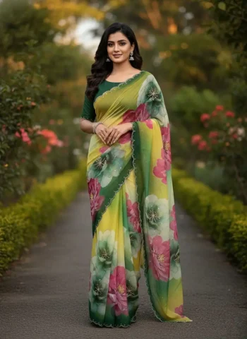 NEW ARRIVAL TABBY ORGANZA FLOWER PRINT WITH HAND KHATALI WORK CUT DANA & MOTI & SEQUENCE WORK SAREE WITH UNSTITCHED BLOUSE GREEN