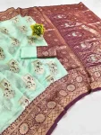 RICH LOOK BANARASI SILK FLOWERS AND MINA & ZARI WEAVING RICH PALLU WITH ZARI WEAVING WORK SAREE WITH UNSTITCHED BLOUSE SEA GREEN