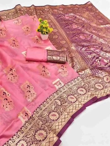 RICH LOOK BANARASI SILK FLOWERS AND MINA & ZARI WEAVING RICH PALLU WITH ZARI WEAVING WORK SAREE WITH UNSTITCHED BLOUSE PINK