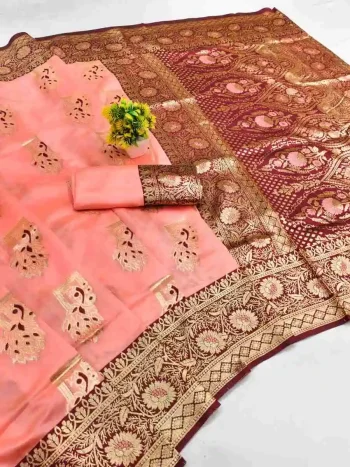 RICH LOOK BANARASI SILK FLOWERS AND MINA & ZARI WEAVING RICH PALLU WITH ZARI WEAVING WORK SAREE WITH UNSTITCHED BLOUSE PEACH