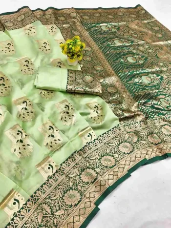 RICH LOOK BANARASI SILK FLOWERS AND MINA & ZARI WEAVING RICH PALLU WITH ZARI WEAVING WORK SAREE WITH UNSTITCHED BLOUSE PISTA