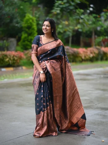 RICH LOOK BANARASI SILK WEAVING WORK SAREE WITH UNSTITCHED BLOUSE BLACK