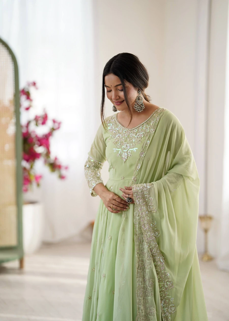 RICH LOOK BLOOMING FAUX EMBROIDERY RAINBOW SEQUENCE WITH MOTI WORK GOWN BOTTOM WITH DUPATTA WEDDING WEAR WHOLESALE PRICE ETHNIC GARMENT (1)