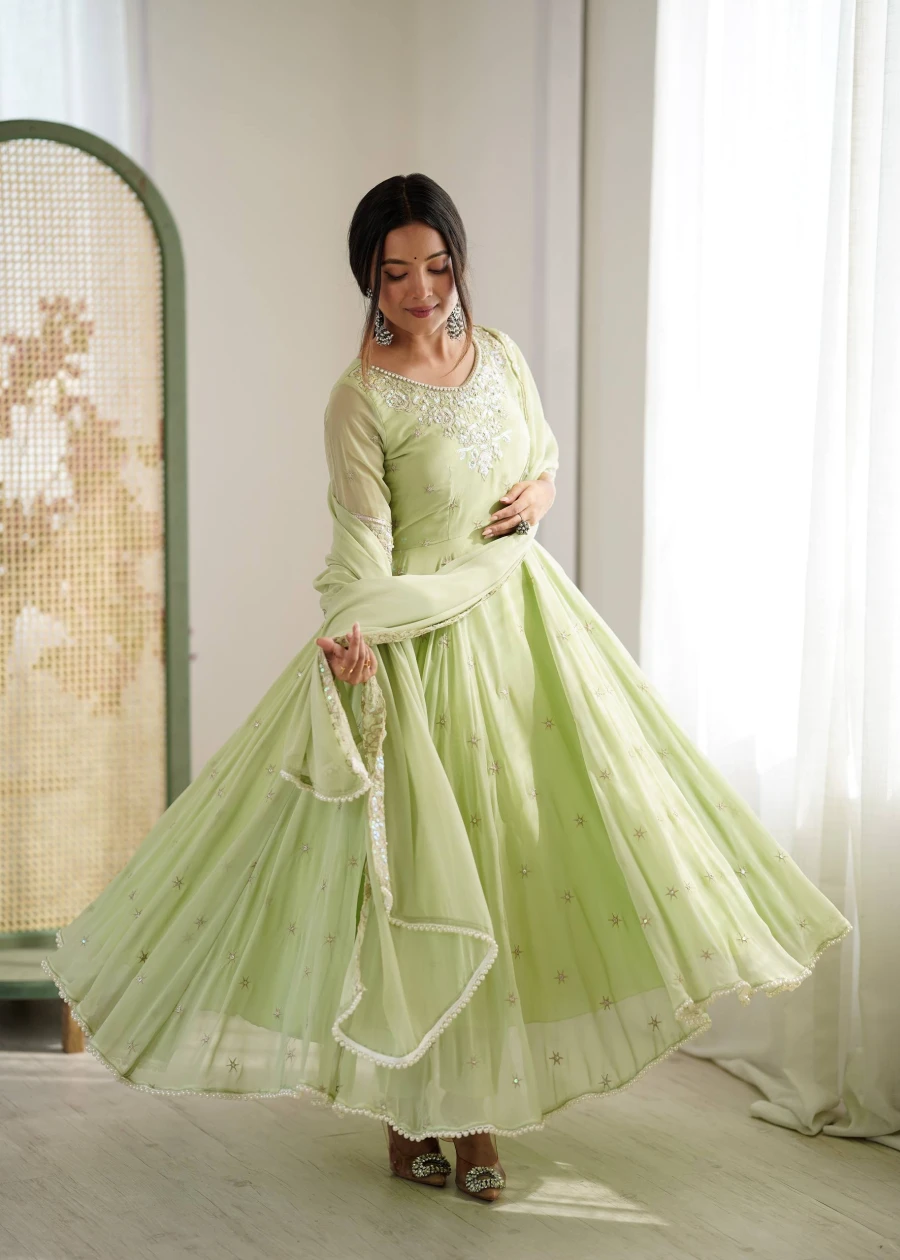 RICH LOOK BLOOMING FAUX EMBROIDERY RAINBOW SEQUENCE WITH MOTI WORK GOWN BOTTOM WITH DUPATTA WEDDING WEAR WHOLESALE PRICE ETHNIC GARMENT (14)