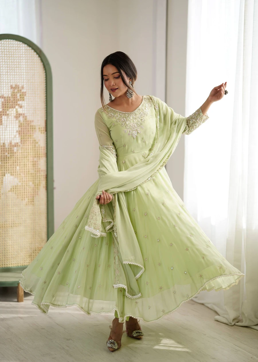RICH LOOK BLOOMING FAUX EMBROIDERY RAINBOW SEQUENCE WITH MOTI WORK GOWN BOTTOM WITH DUPATTA WEDDING WEAR WHOLESALE PRICE ETHNIC GARMENT (2)