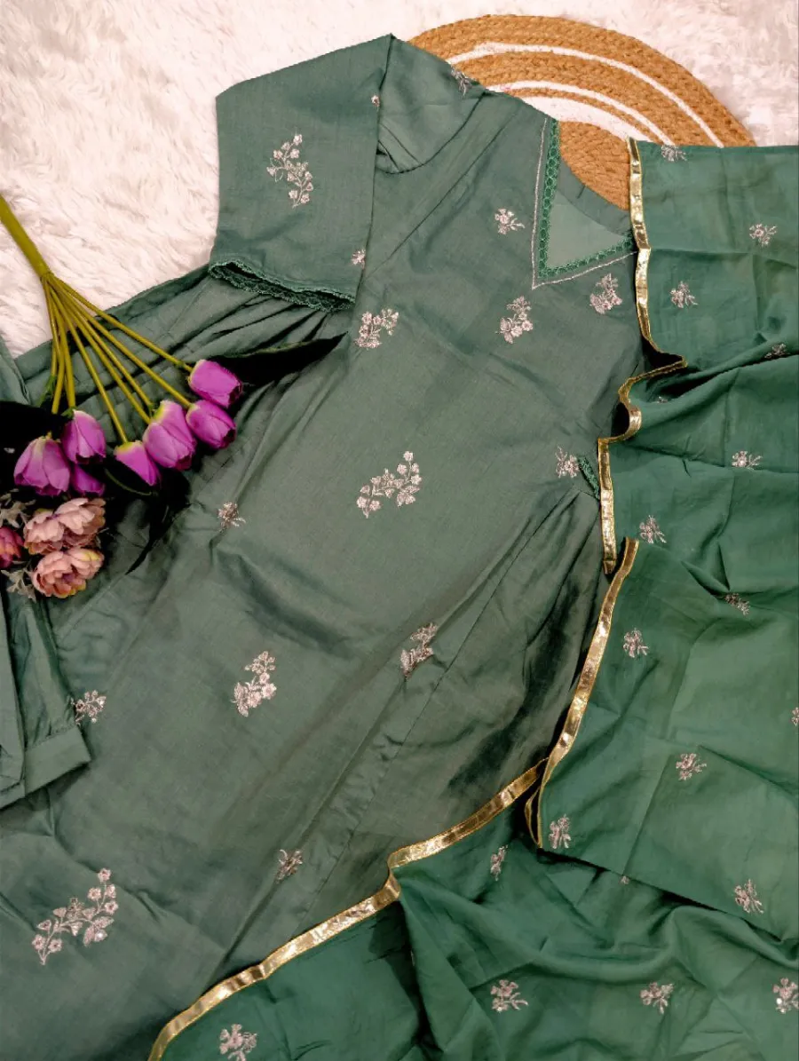 RICH LOOK CHANDERI SILK SEQUENCE CODING EMBROIDERY WORK TOP BOTTOM WITH DUPATTA FESTIVE WEAR WHOLESALE PRICE ETHNIC GARMENT (12)
