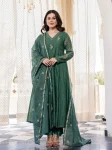 RICH LOOK CHANDERI SILK SEQUENCE CODING EMBROIDERY WORK TOP BOTTOM WITH DUPATTA GREEN