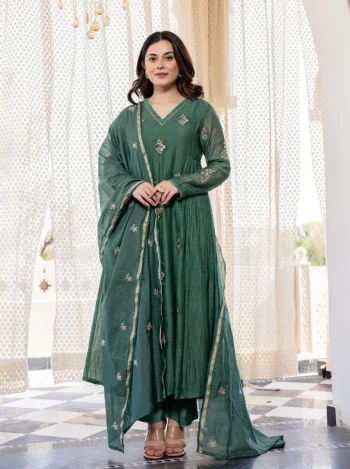 RICH LOOK CHANDERI SILK SEQUENCE CODING EMBROIDERY WORK TOP BOTTOM WITH DUPATTA GREEN