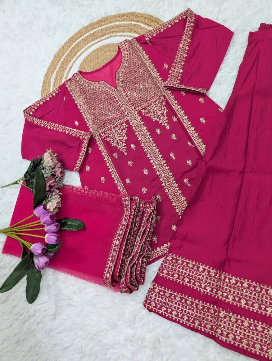 RICH LOOK CHANDERI SILK SEQUENCE CODING EMBROIDERY WORK TOP PALAZZO WITH DUPATTA FESTIVE WEAR WHOLESALE PRICE ETHNIC GARMENT (1)