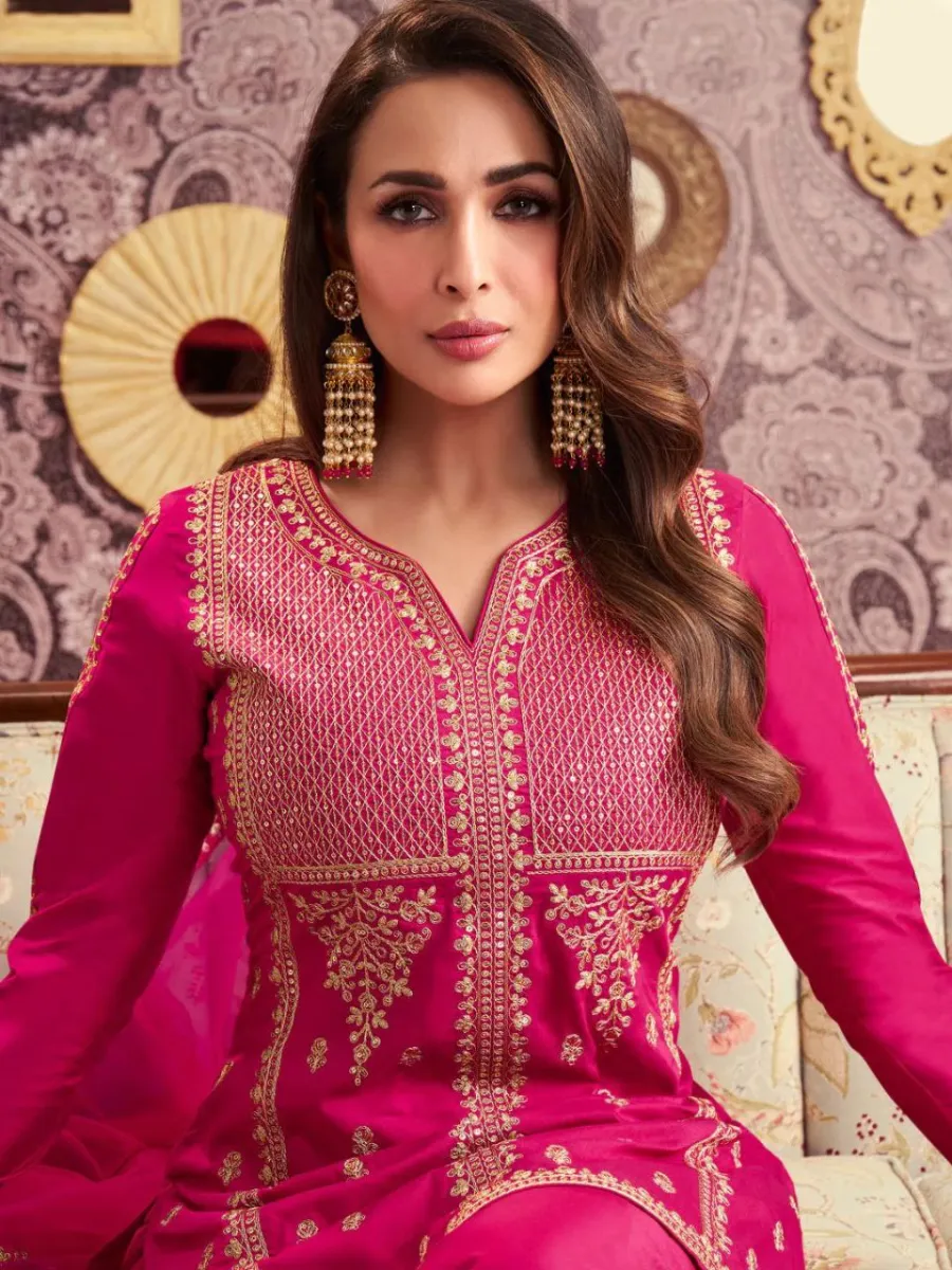 RICH LOOK CHANDERI SILK SEQUENCE CODING EMBROIDERY WORK TOP PALAZZO WITH DUPATTA FESTIVE WEAR WHOLESALE PRICE ETHNIC GARMENT (2)