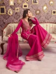 RICH LOOK CHANDERI SILK SEQUENCE CODING EMBROIDERY WORK TOP PALAZZO WITH DUPATTA FESTIVE WEAR WHOLESALE PRICE ETHNIC GARMENT (5)