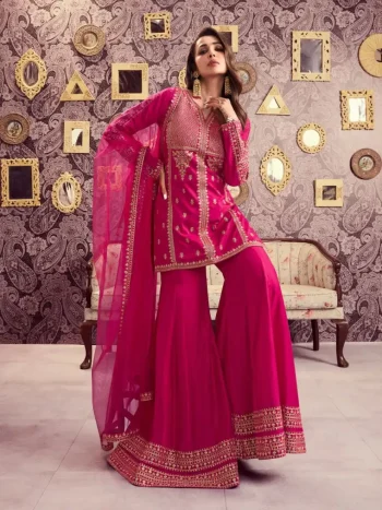 RICH LOOK CHANDERI SILK SEQUENCE CODING EMBROIDERY WORK TOP PALAZZO WITH DUPATTA PINK