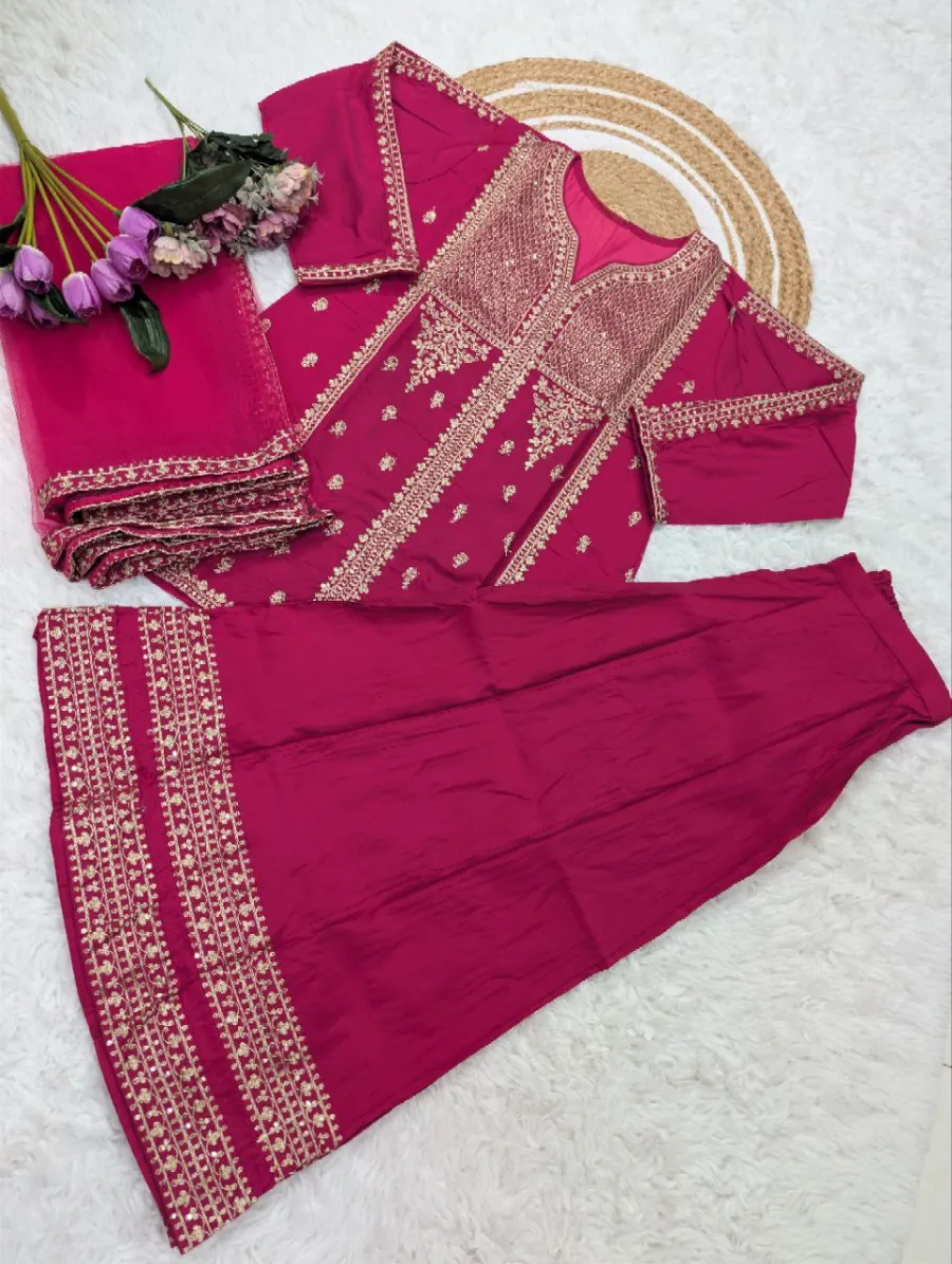 RICH LOOK CHANDERI SILK SEQUENCE CODING EMBROIDERY WORK TOP PALAZZO WITH DUPATTA FESTIVE WEAR WHOLESALE PRICE ETHNIC GARMENT (6)