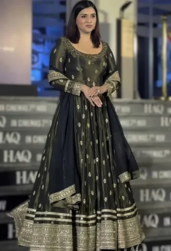 RICH LOOK CHINON SILK CODING EMBROIDERY  SEQUENCE WORK GOWN BOTTOM WITH DUPATTA GREEN