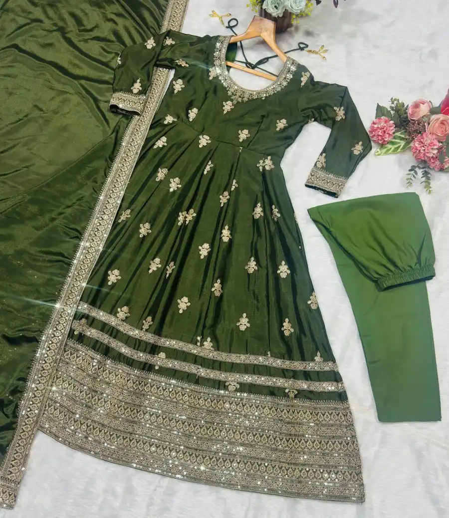 RICH LOOK CHINON SILK CODING EMBROIDERY SEQUENCE WORK GOWN BOTTOM WITH DUPATTA FESTIVE WEAR WHOLESALE PRICE ETHNIC GARMENT (6)