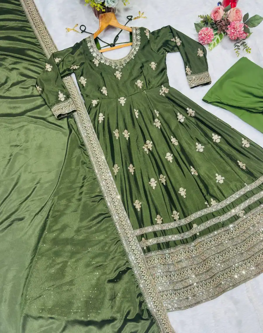 RICH LOOK CHINON SILK CODING EMBROIDERY SEQUENCE WORK GOWN BOTTOM WITH DUPATTA FESTIVE WEAR WHOLESALE PRICE ETHNIC GARMENT (7)