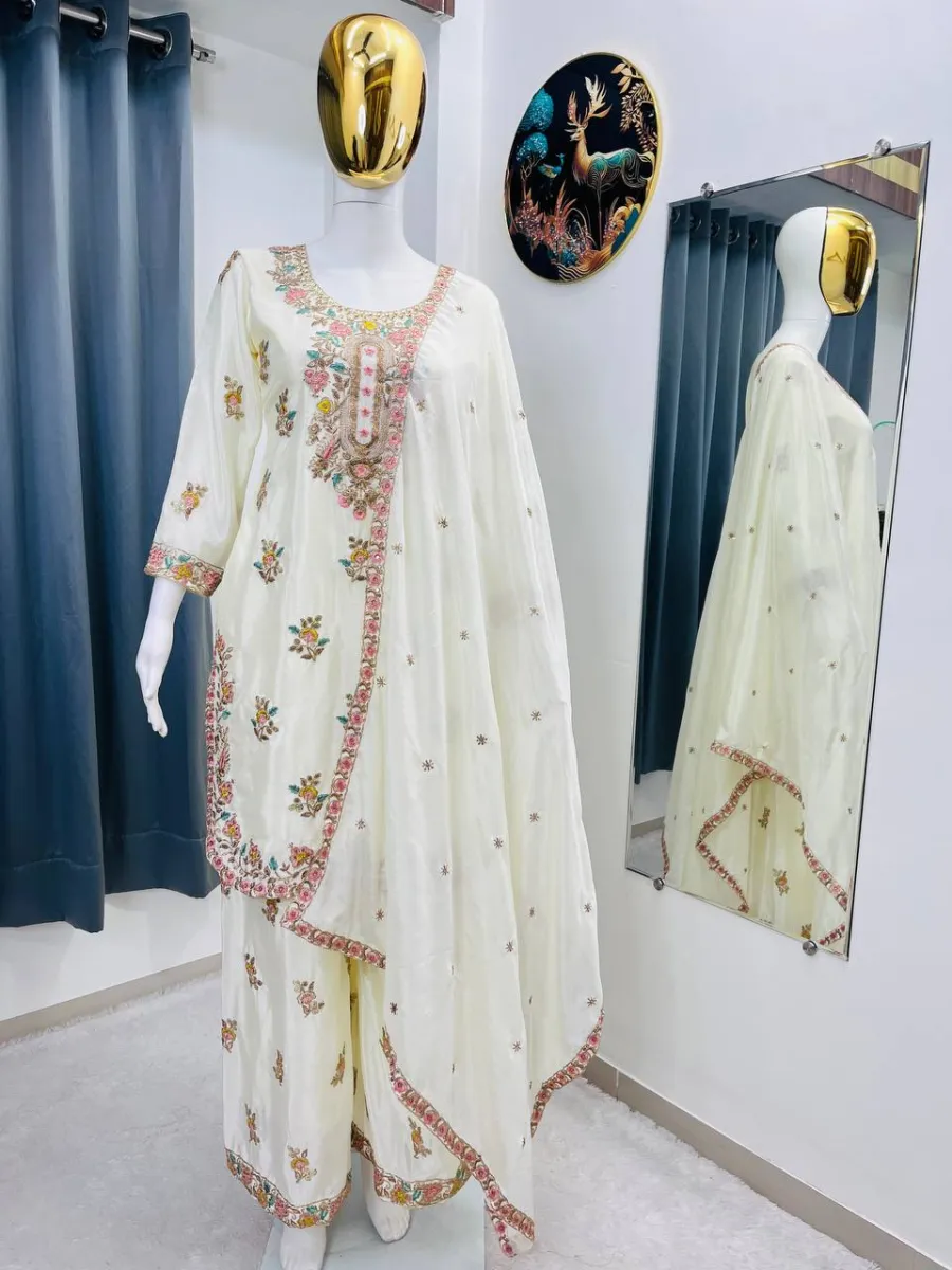 RICH LOOK CHINON SILK EMBROIDERY SEQUENCE WITH FANCY LATKAN WORK TOP PALAZZO WITH DUPATTA FESTIVE WEAR WHOLESALE PRICE ETHNIC GARMENT (4)