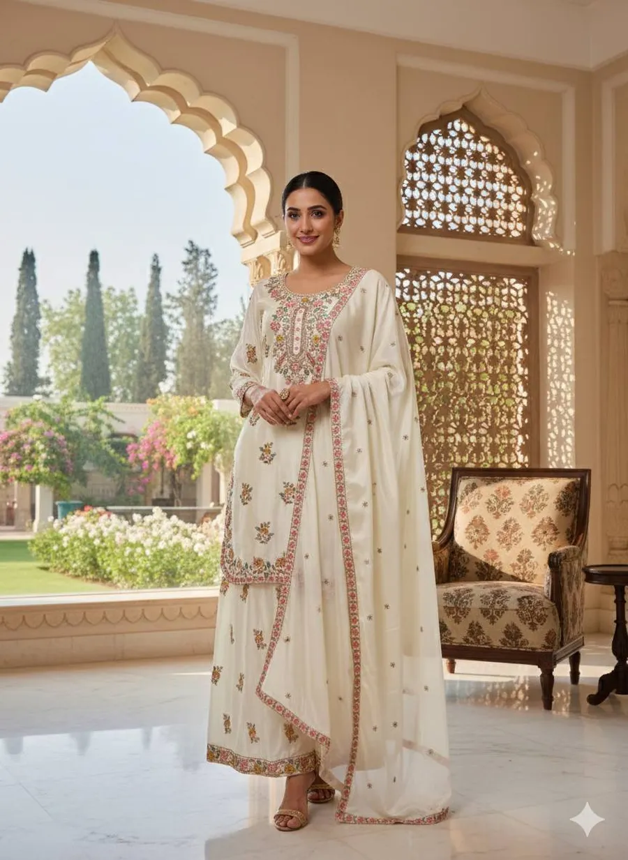 RICH LOOK CHINON SILK EMBROIDERY SEQUENCE WITH FANCY LATKAN WORK TOP PALAZZO WITH DUPATTA FESTIVE WEAR WHOLESALE PRICE ETHNIC GARMENT (5)