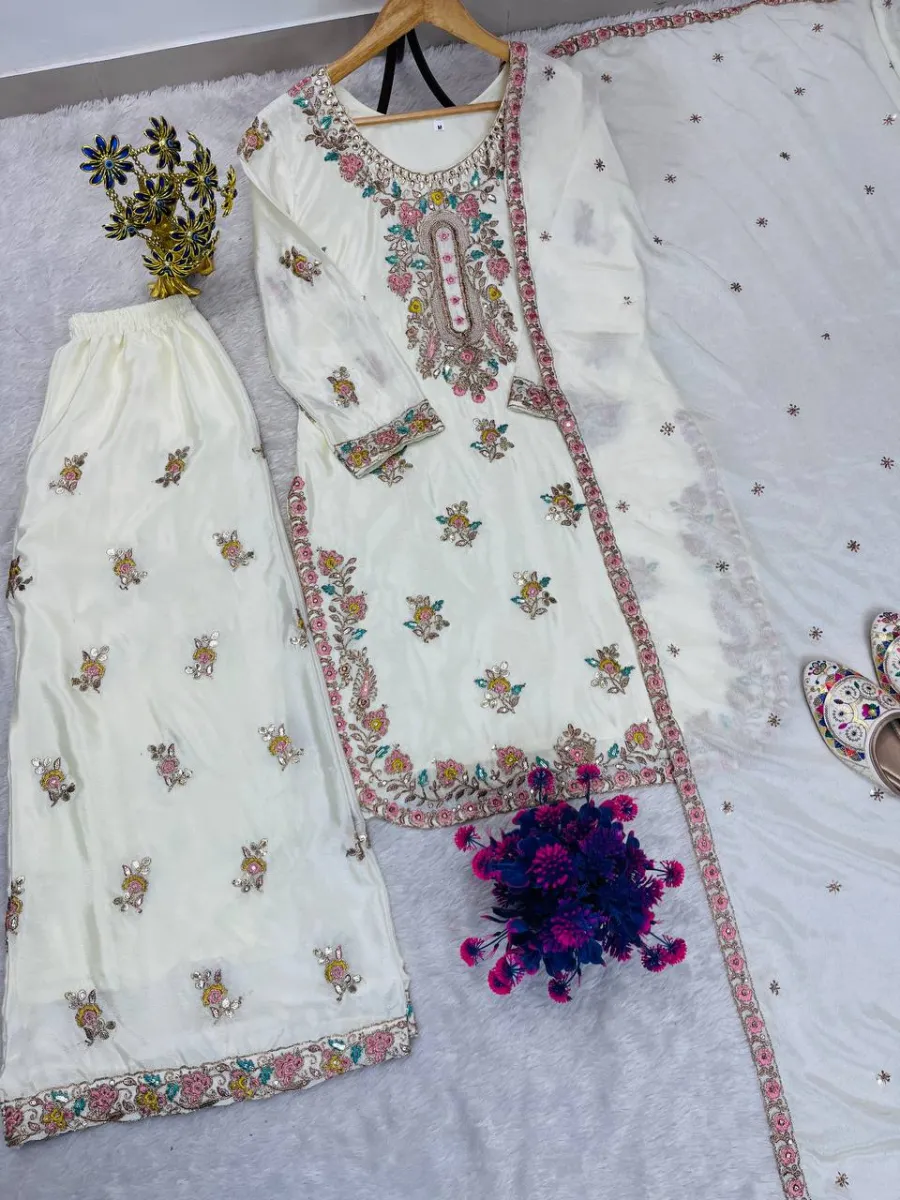 RICH LOOK CHINON SILK EMBROIDERY SEQUENCE WITH FANCY LATKAN WORK TOP PALAZZO WITH DUPATTA FESTIVE WEAR WHOLESALE PRICE ETHNIC GARMENT (7)