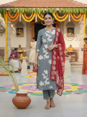 RICH LOOK COTTON PRINT  WORK  TOP BOTTOM WITH DUPATTA GREY