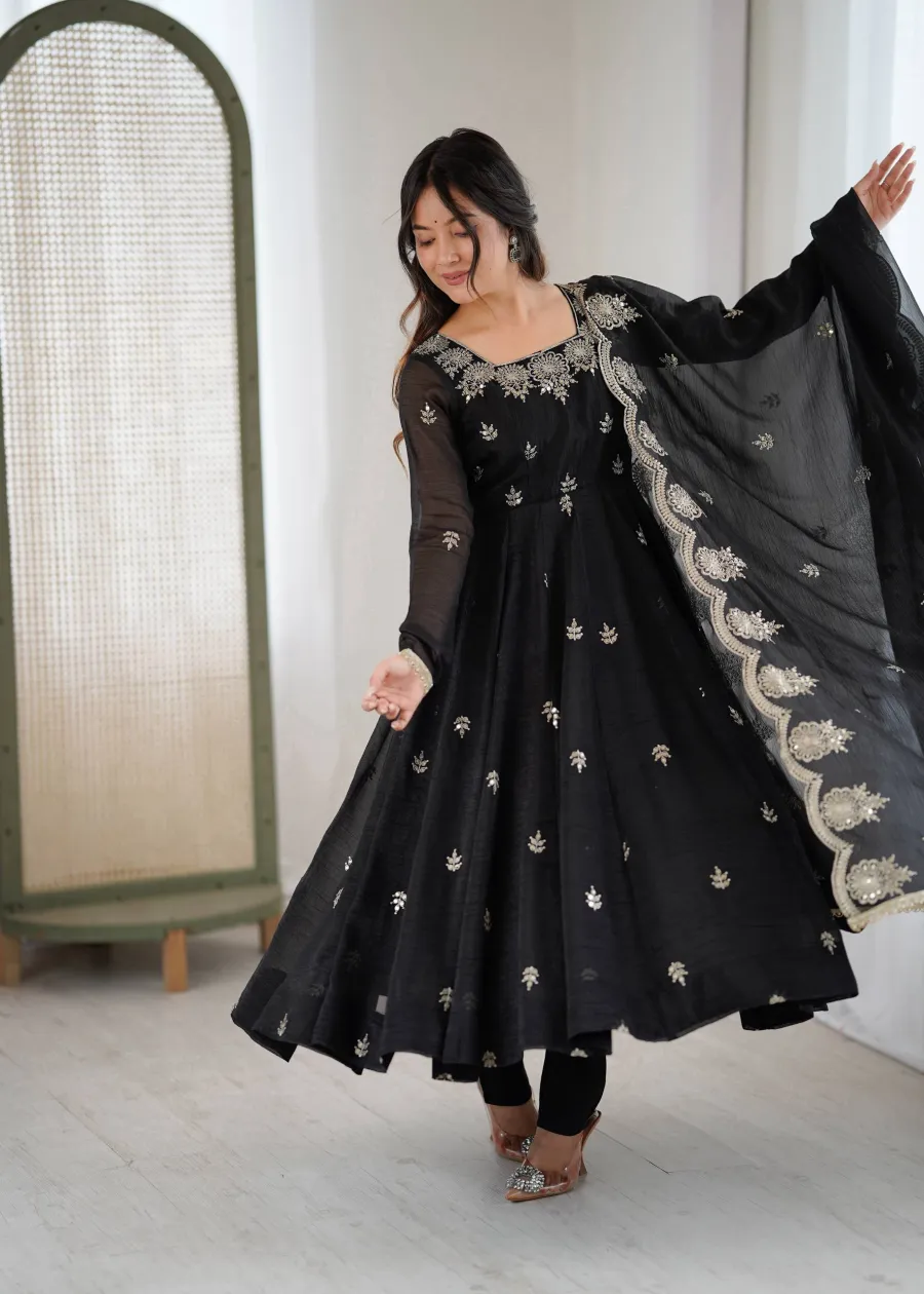 RICH LOOK CRUNCHY SILK EMBROIDERY SEQUENCE WORK GOWN BOTTOM WITH DUPATTA FESTIVE WEAR WHOLESALE PRICE ETHNIC GARMENT (12)