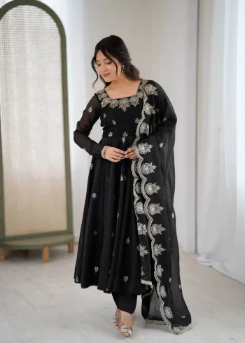 RICH LOOK CRUNCHY SILK EMBROIDERY SEQUENCE WORK GOWN BOTTOM WITH DUPATTA BLACK