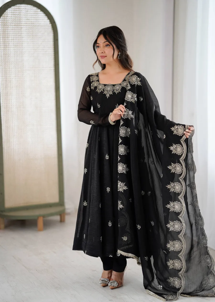 RICH LOOK CRUNCHY SILK EMBROIDERY SEQUENCE WORK GOWN BOTTOM WITH DUPATTA FESTIVE WEAR WHOLESALE PRICE ETHNIC GARMENT (5)