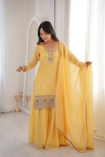 RICH LOOK CRUNCHY SILK EMBROIDERY SEQUENCE,DORI,THREAD AND JARI WORK TOP PALAZZO WITH DUPATTA YELLOW