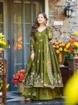 RICH LOOK CRUNCHY SILK MULTI EMBROIDERY & SEQUENCE WORK GOWN PALAZZO WITH DUPATTA GREEN