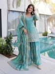 RICH LOOK FENDY CRUSH ZARI & SEQUENCE EMBROIDERY WORK TOP PALAZZO WITH DUPATTA SKY