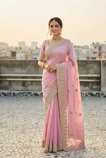 RICH LOOK FENDY SATIN BEADS EMBROIDERY AND BUTTA WORK WITH CUTWORK BORDER WORK SAREE WITH UNSTITCHED BLOUSE BABY PINK