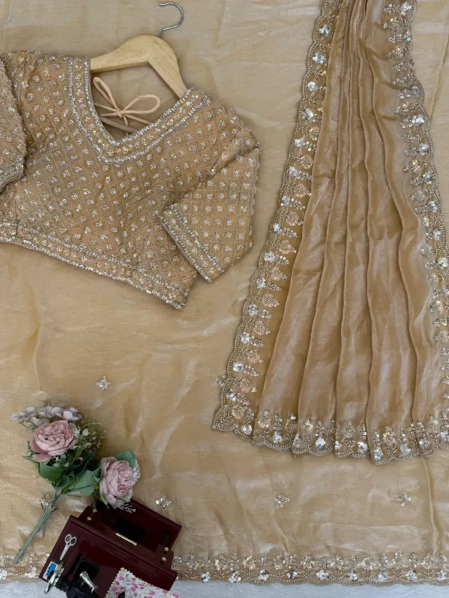 RICH LOOK FENDY SILK BEADS WITH THREAD & SEQUENCE WORK SAREE WITH UNSTITCEHED BLOUSE PARTY WEAR WHOLESALE PRICE ETHNIC GARMENT (10)