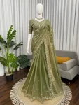 RICH LOOK FENDY SILK BEADS WITH THREAD & SEQUENCE WORK SAREE WITH UNSTITCEHED BLOUSE MEHNDI