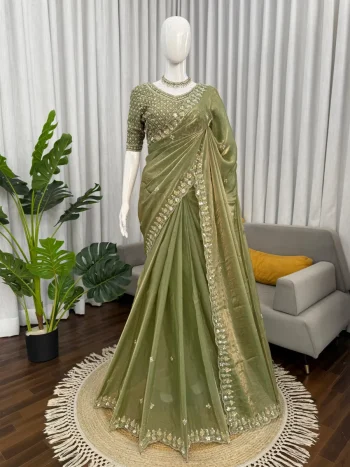 RICH LOOK FENDY SILK BEADS WITH THREAD & SEQUENCE WORK SAREE WITH UNSTITCEHED BLOUSE MEHNDI