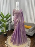 RICH LOOK FENDY SILK BEADS WITH THREAD & SEQUENCE WORK SAREE WITH UNSTITCEHED BLOUSE LAVENDER