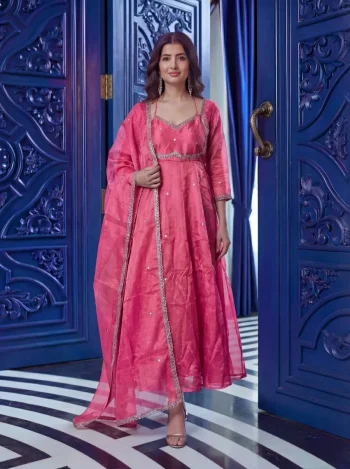 RICH LOOK FENDY SILK EMBROIDERY  SEQUENCE WORK GOWN BOTTOM WITH DUPATTA BABY PINK