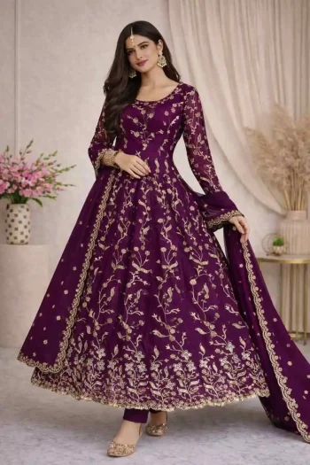RICH LOOK FENDY SILK EMBROIDERY THREAD & SEQUENCE WORK GOWN BOTTOM WITH DUPATTA WINE