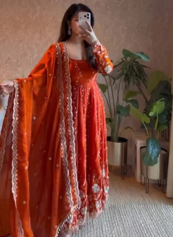 RICH LOOK FENDY THREAD AND SEQUENCE WORK GOWN BOTTOM WITH DUPATTA ORANGE